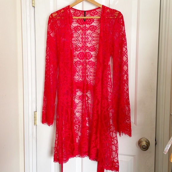 ARIA red sheer lace sexy open front long sleeve wrap robe removable sash tie - Picture 3 of 9